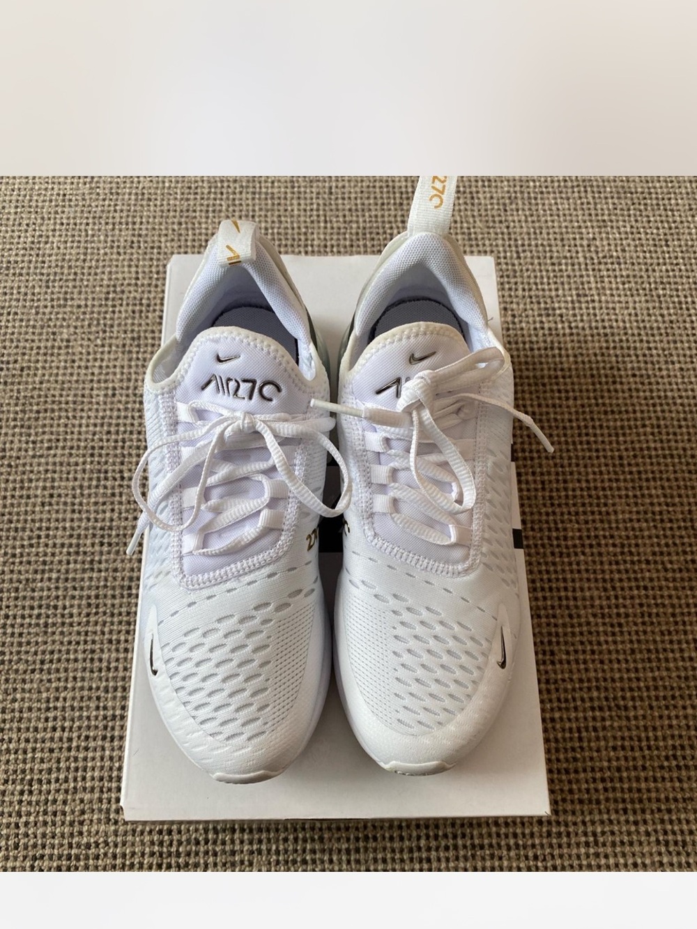 Nike White Air Max Athletic Sneakers with Gold Accents